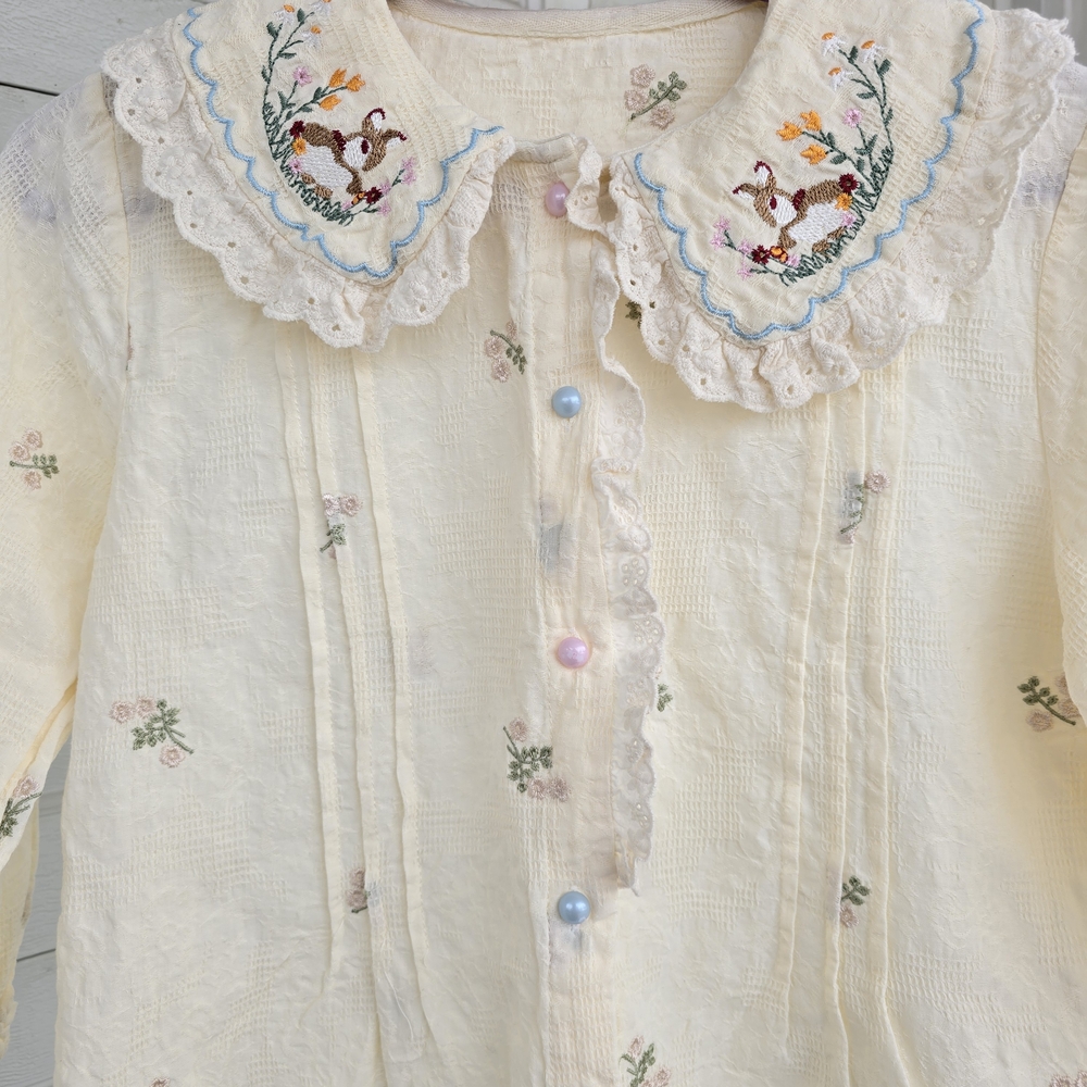 Charming Cream Girl's Blouse with Embroidered Bunnies And Flowers. - Picture 3 of 7